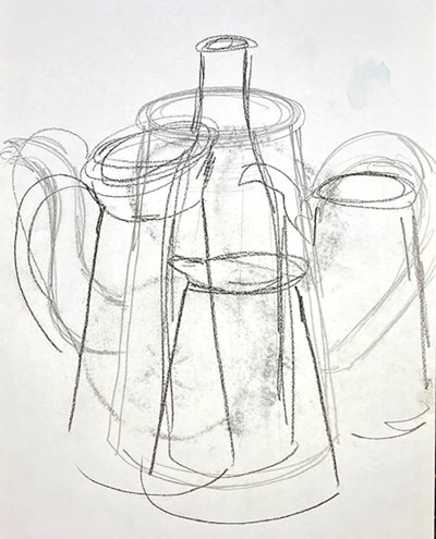 Exploratory sketch of jugs and bottle for painting titled ‘Three Jugs’