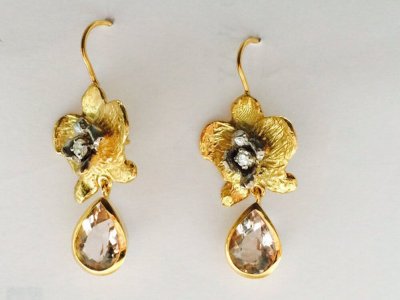 Orchid Earrings, 9ct Gold, diamonds and morganites